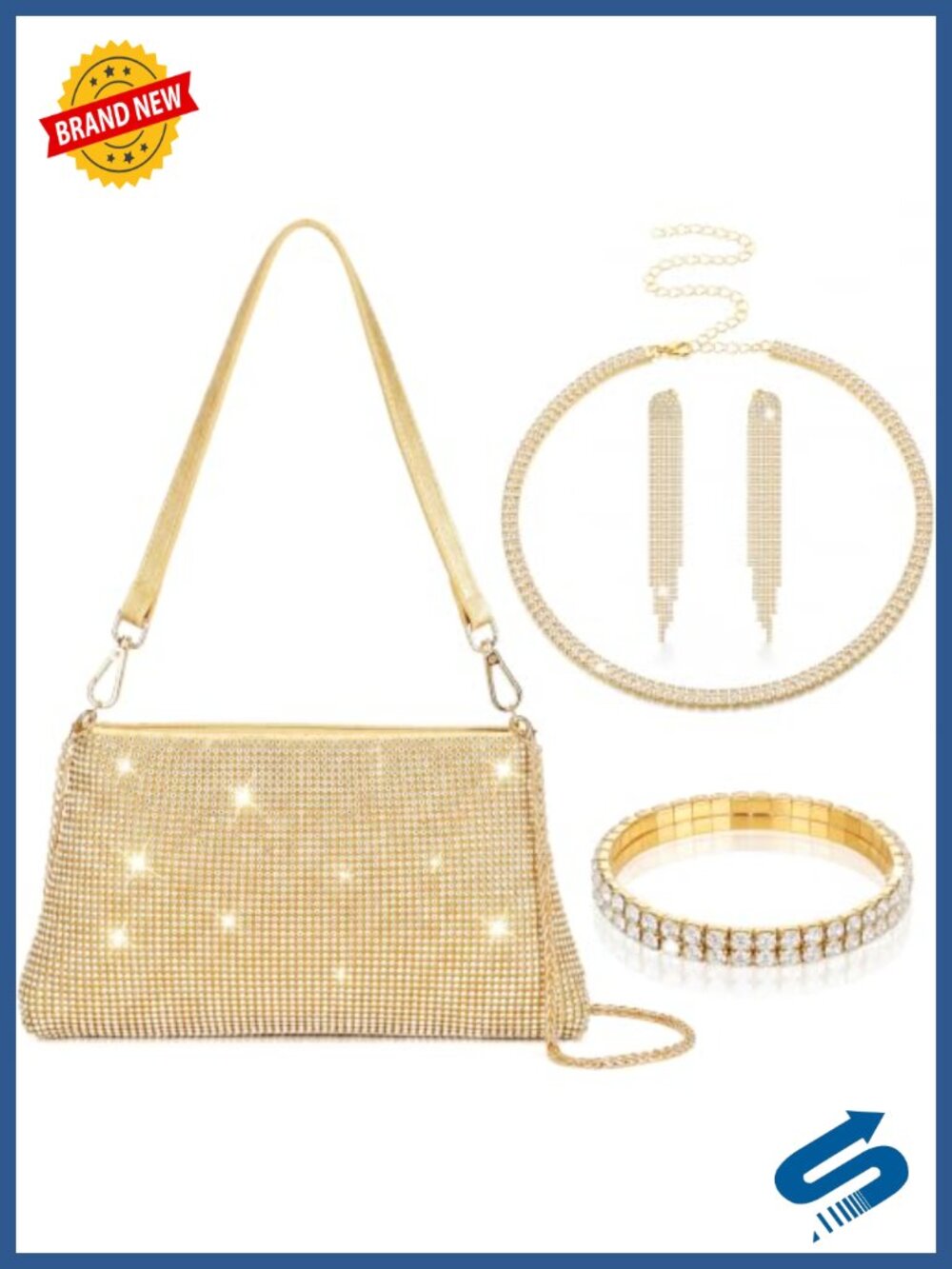 Gold Clutch Purse with Rhinestone Jewelry Set for Women